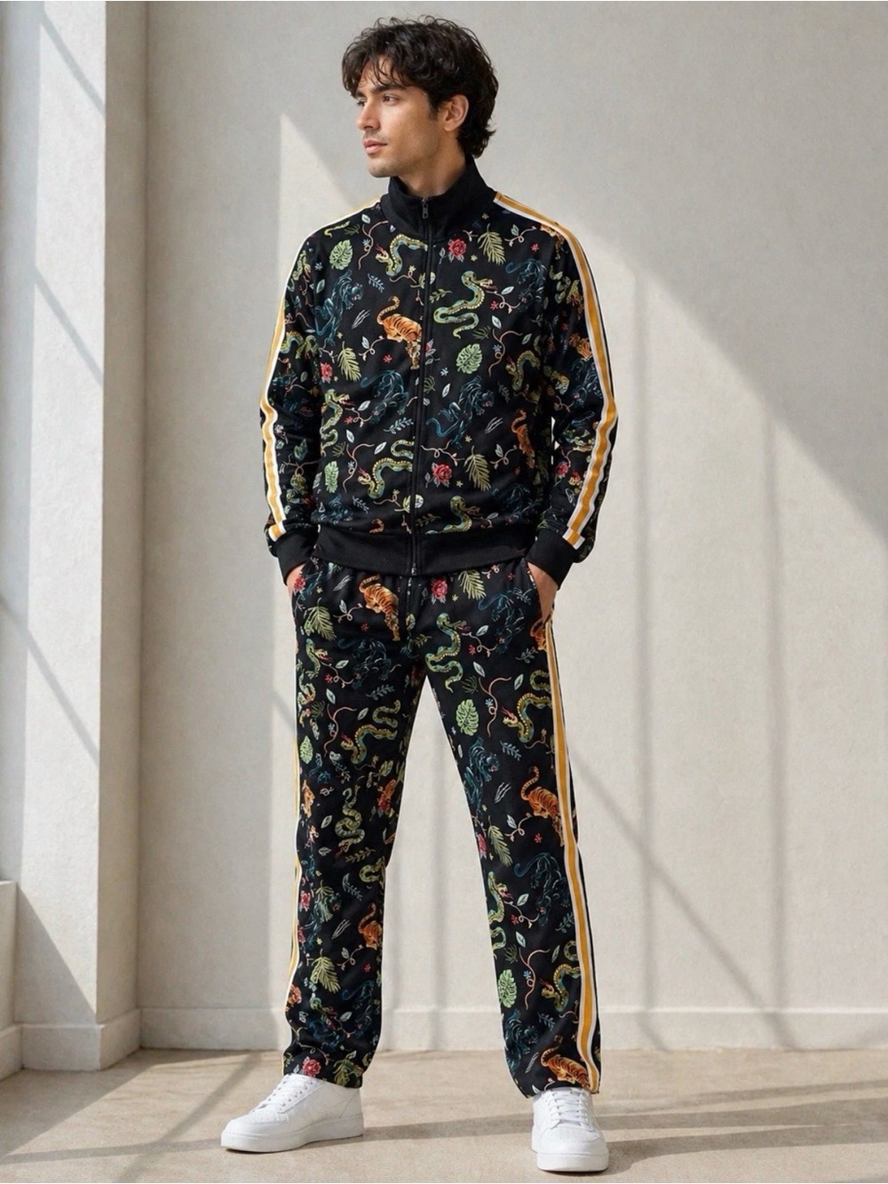 Zara Mens TrackSuit Set Black Tiger Snake Floral Pants Jacket 2 Piece NWT
